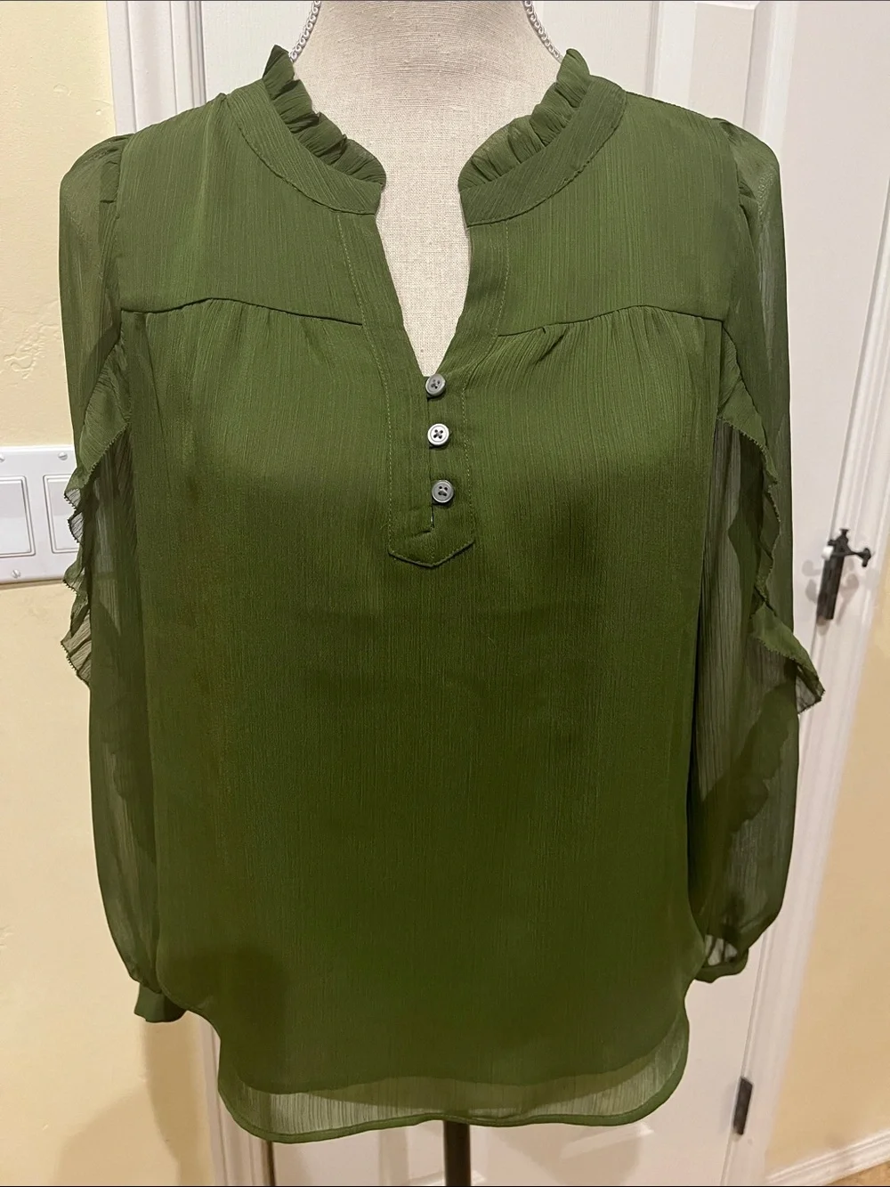 LOFT Olive Green Ruffle-Trim Blouse - Picture 1 of 5